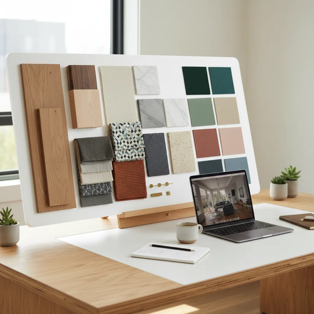 Mesa con muestras de materiales de interiorismo como madera, tela y piedra