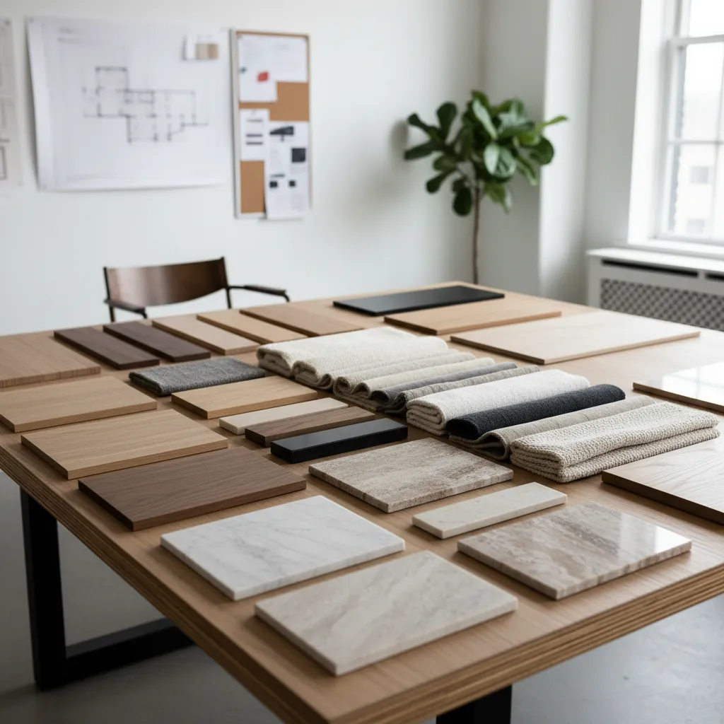 Mesa con muestras de materiales usados en diseño de interiores como madera, tela y piedra