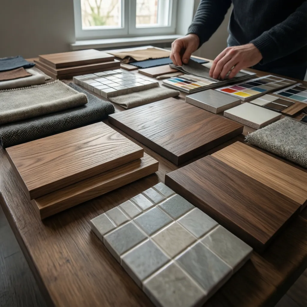 Interior design professional choosing various wood planks tiles fabric swatches and color palettes on table