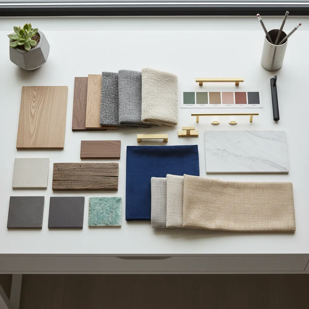 Mesa de trabajo con muestras de materiales para diseño de interiores
