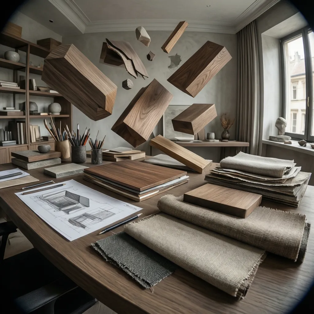 Muestras de materiales de interiorismo como madera, tela y piedra