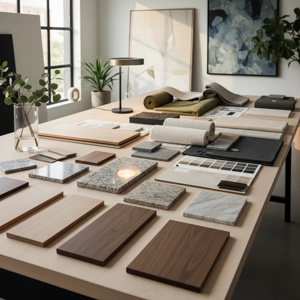 Muestras de materiales de interiorismo sobre una mesa de trabajo