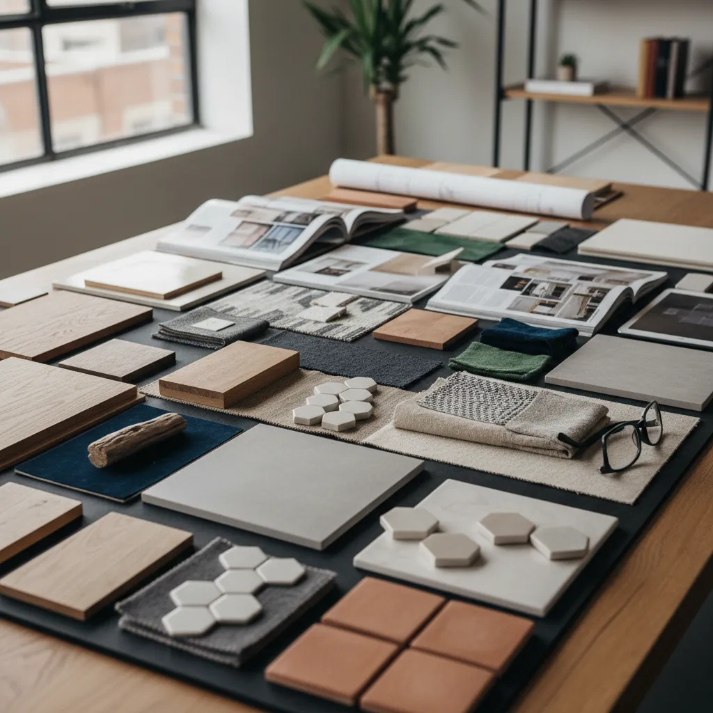 Mesa de trabajo con muestras de materiales, madera, telas y catálogos de diseño