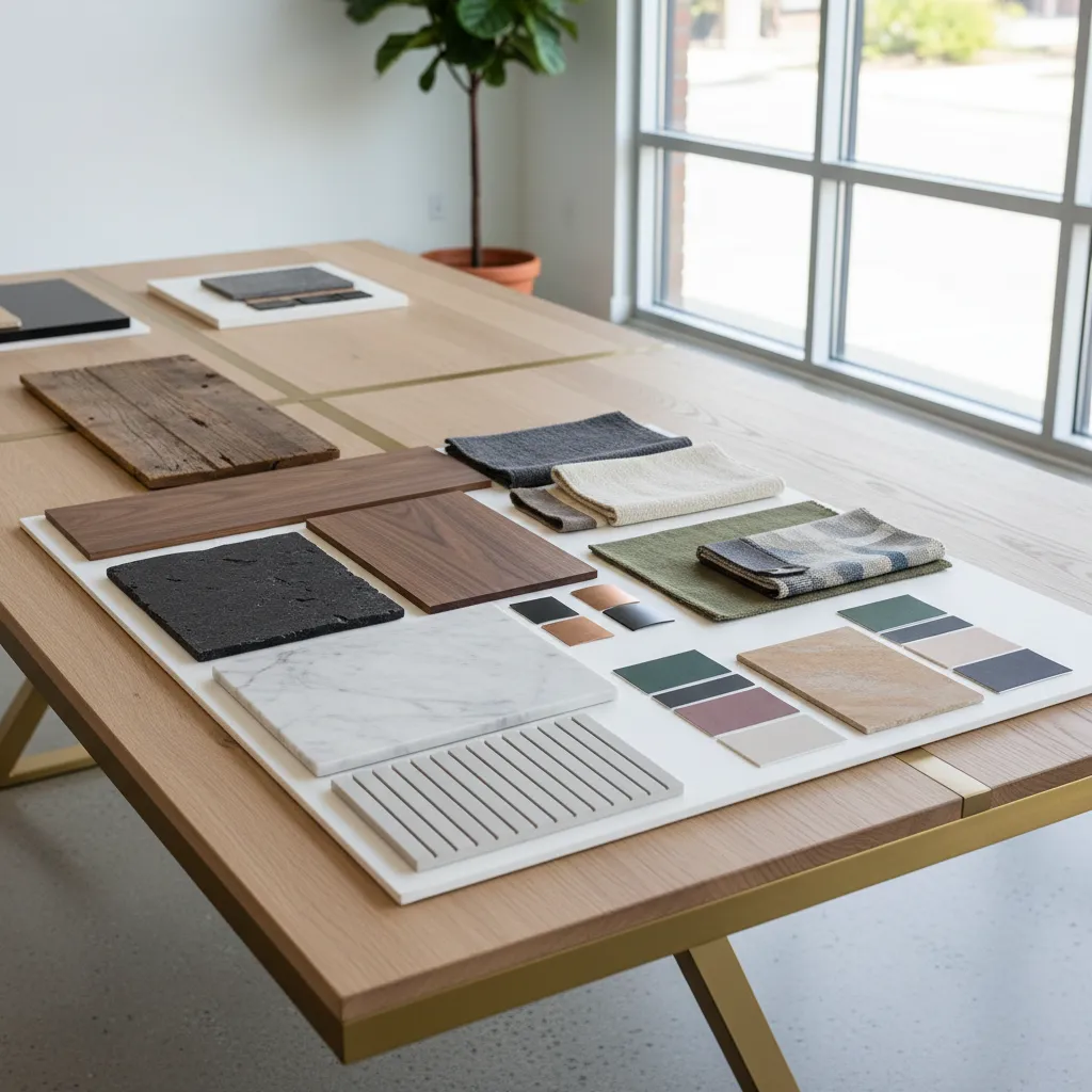 Muestras de materiales de interiorismo como madera, textiles y piedra sobre una mesa de diseño