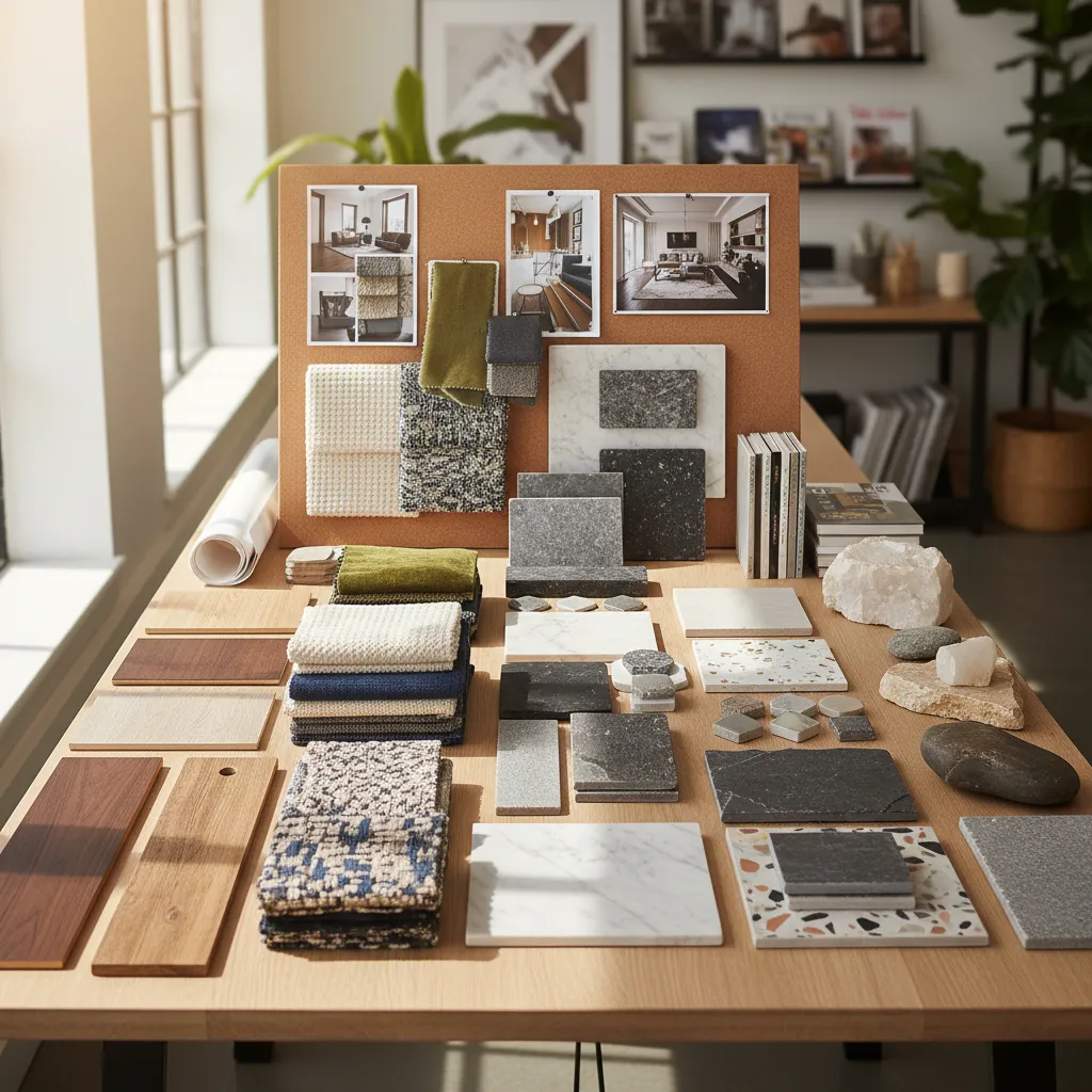 Wooden table covered with various material samples including fabric wood stone tiles and design photos