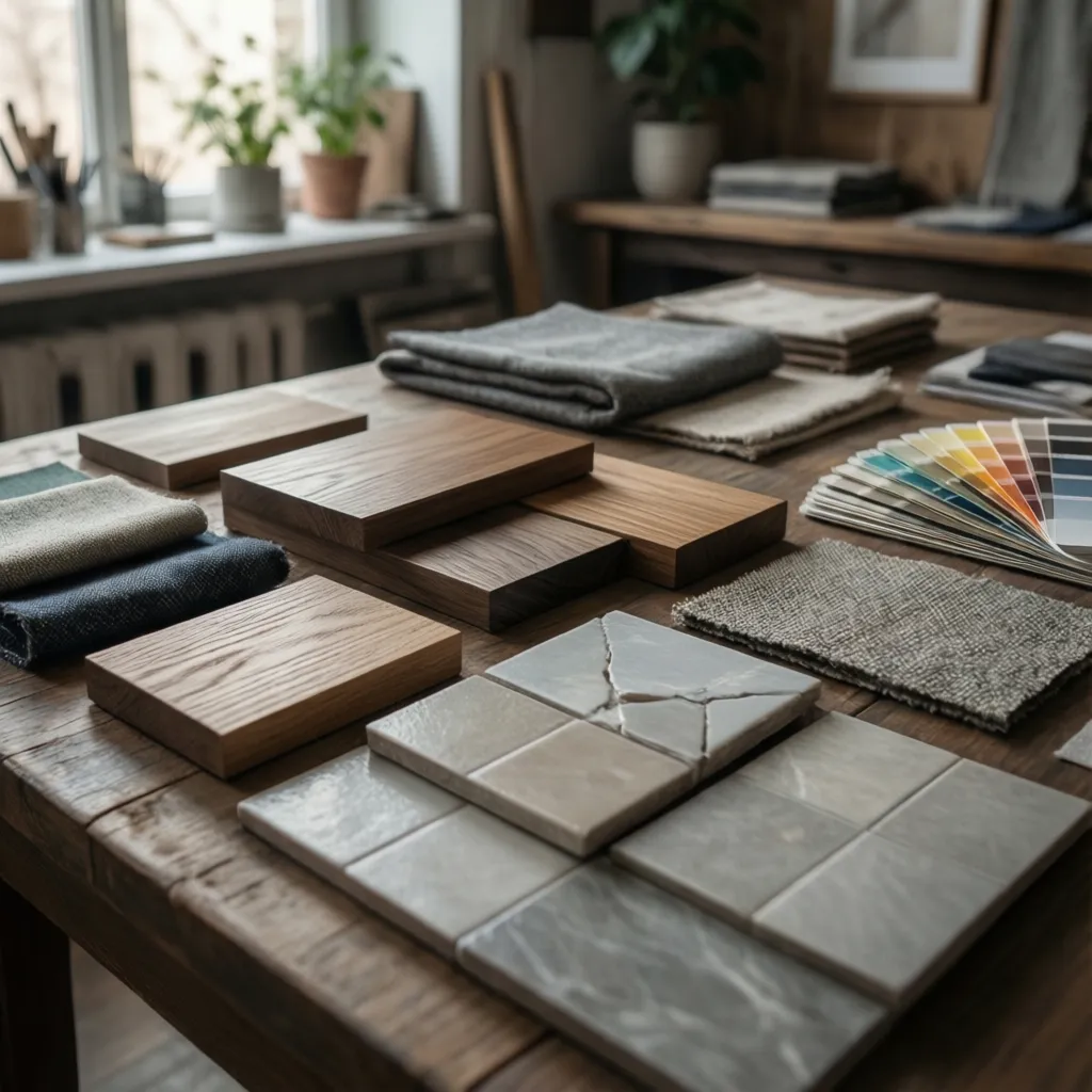 Wood blocks fabric samples and stone tiles for home design placed on a wooden table
