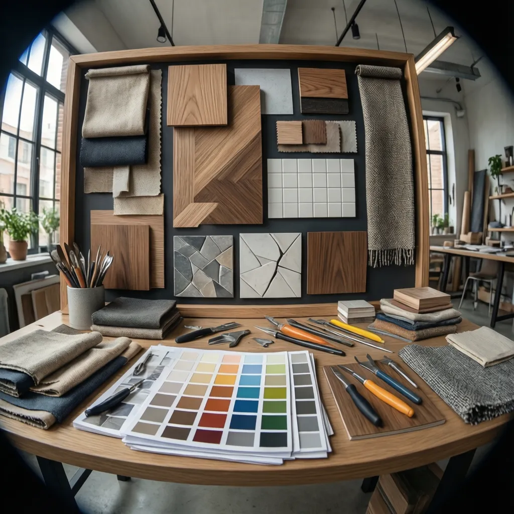 Mesa con muestras de materiales utilizados por estudiantes de diseño de interiores