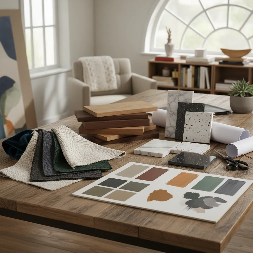 Mesa con muestras de materiales utilizados en proyectos de interiorismo