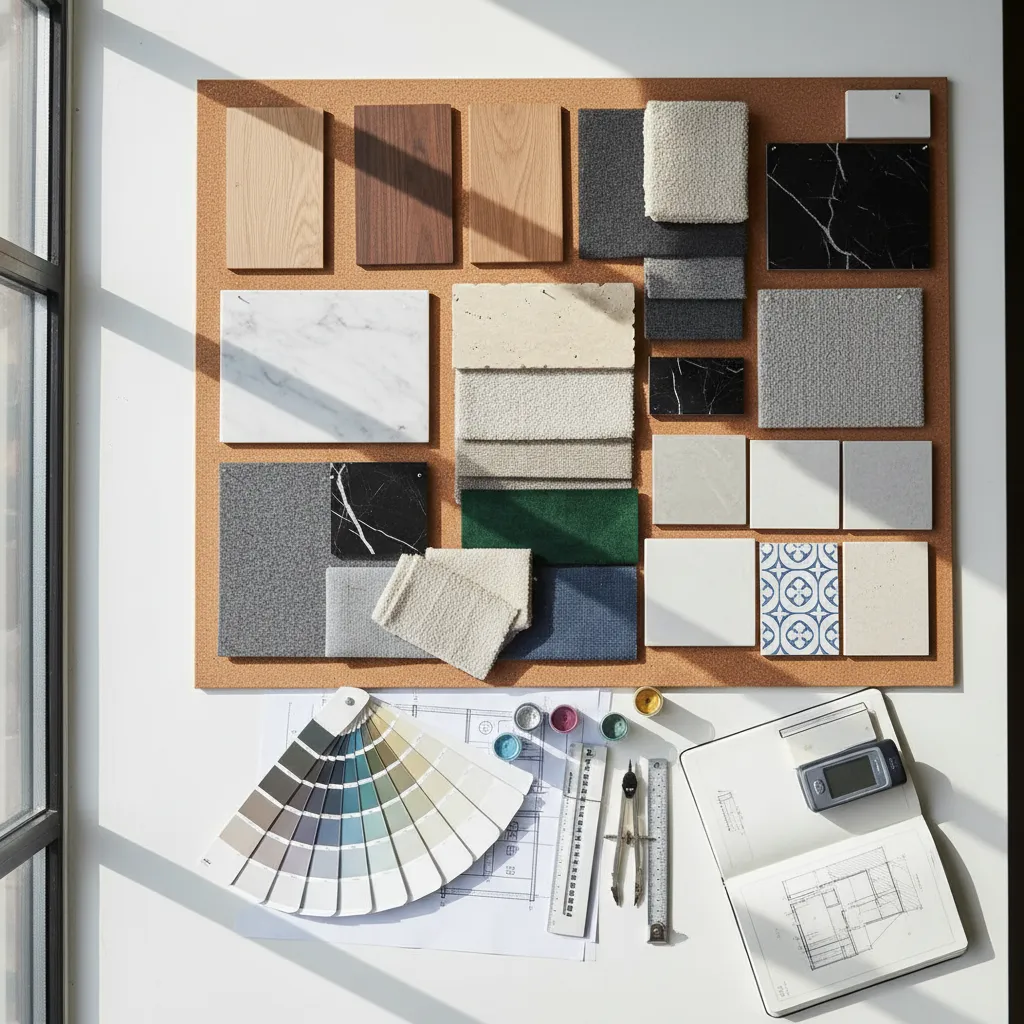 Muestras de materiales de interiorismo sobre una mesa de trabajo