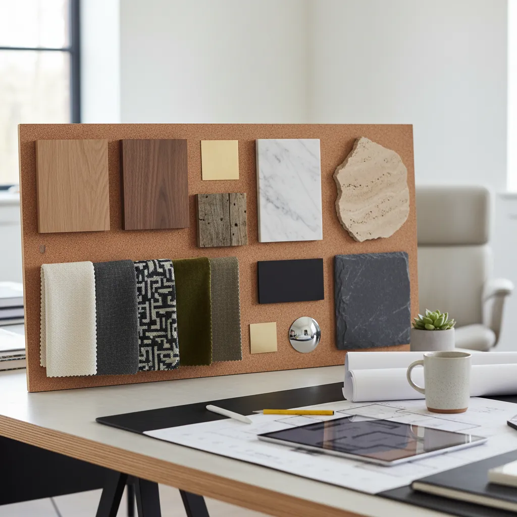 Mesa de trabajo con muestras de materiales para interiorismo