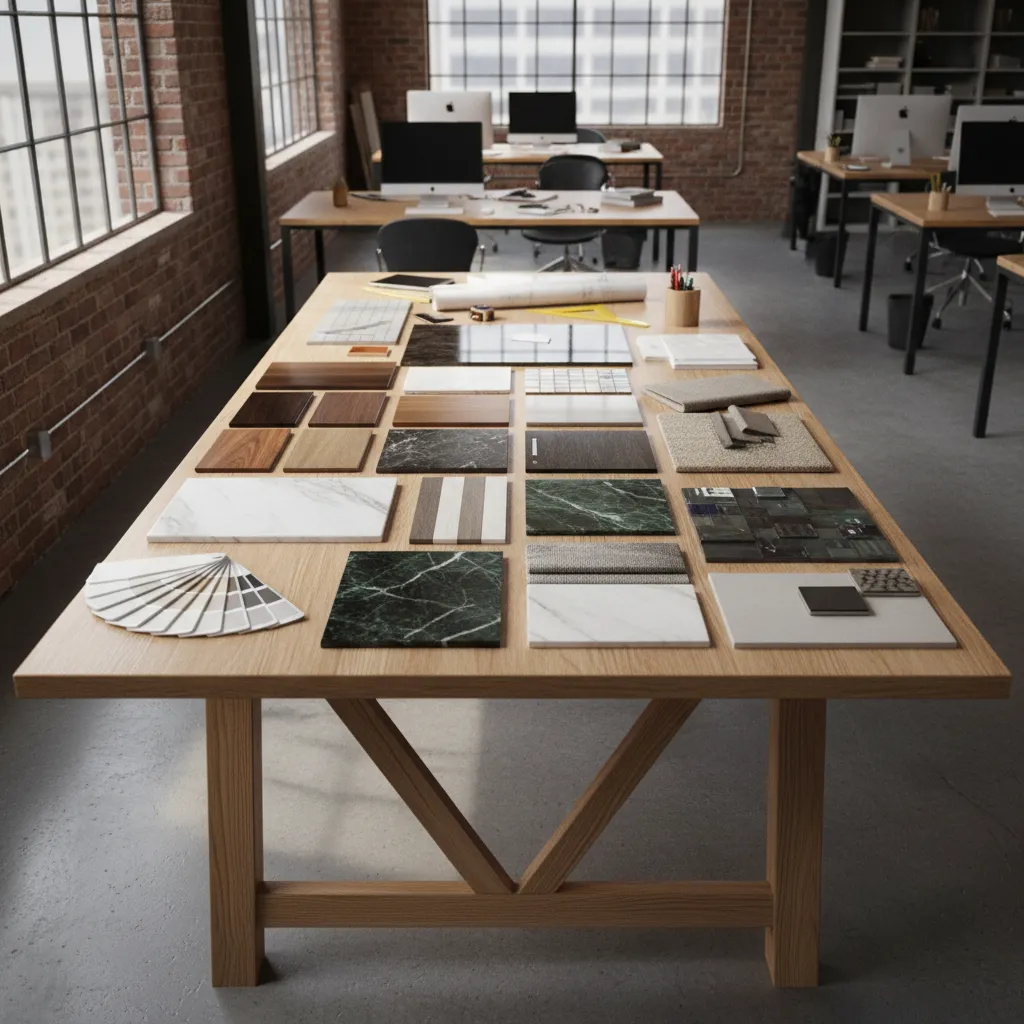 Mesa con muestras de materiales utilizados en diseño de interiores