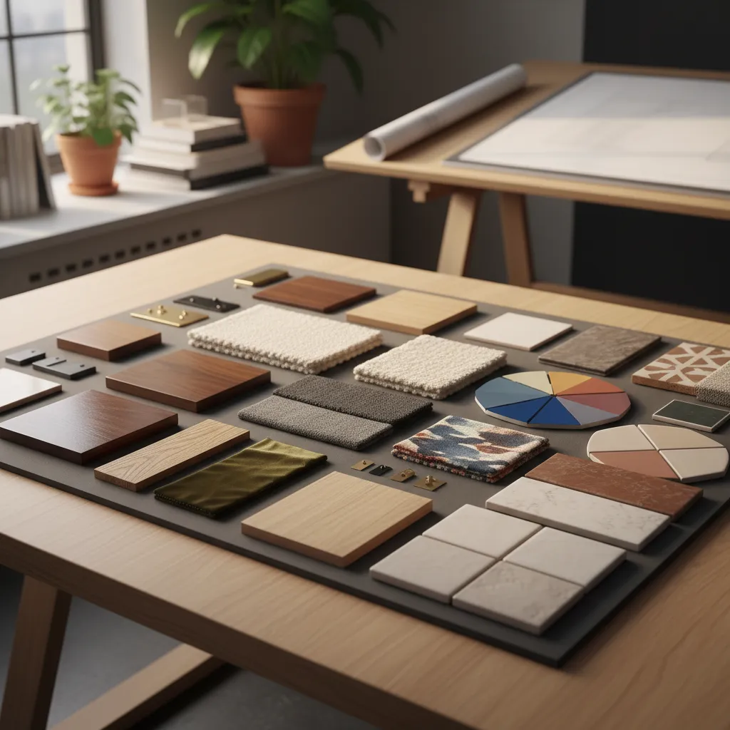 mesa con muestras de materiales de interiorismo como madera telas y paletas de color