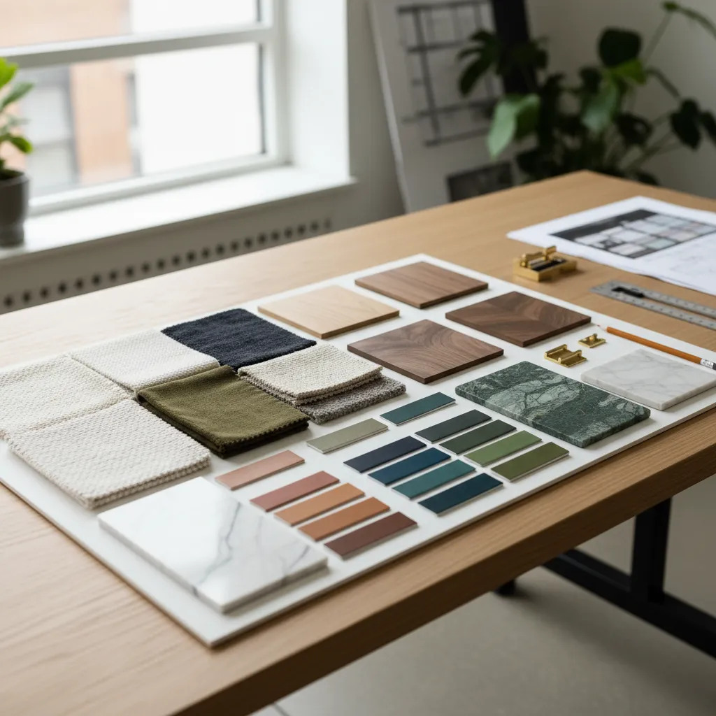 Interior design material samples including fabric wood marble and paint colors displayed on wooden desk