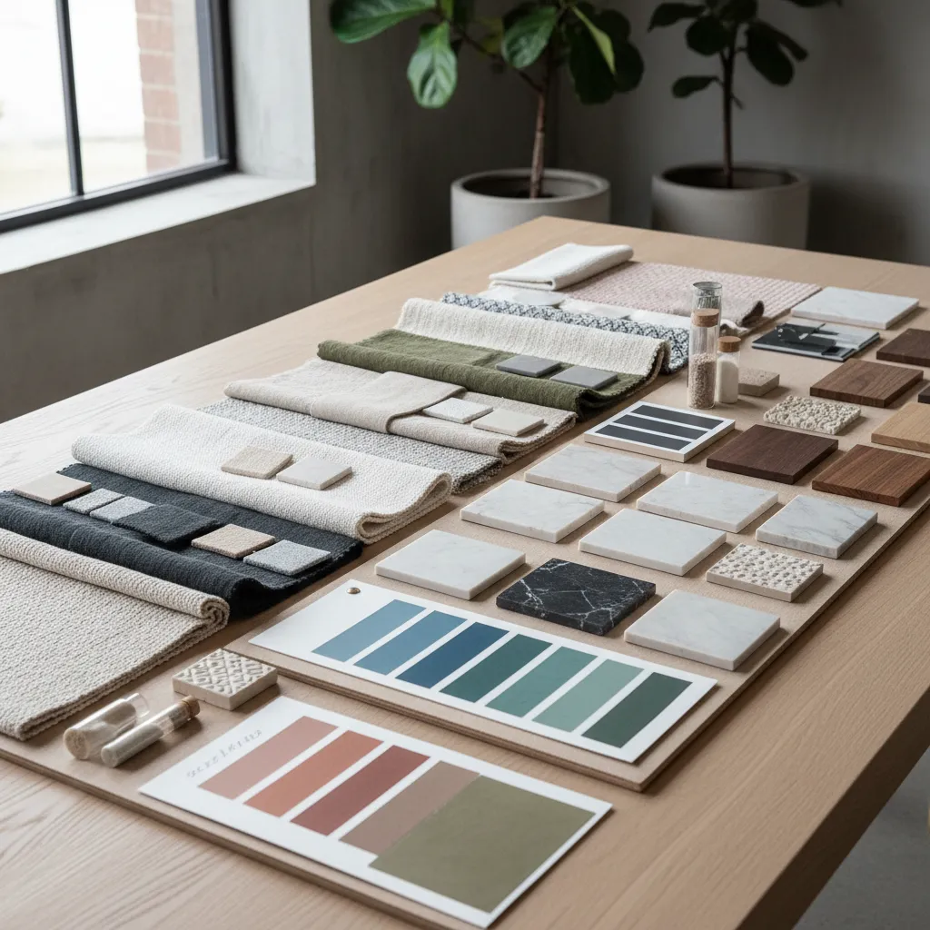 Selection of interior design materials including fabric swatches wood samples marble tiles and color palettes