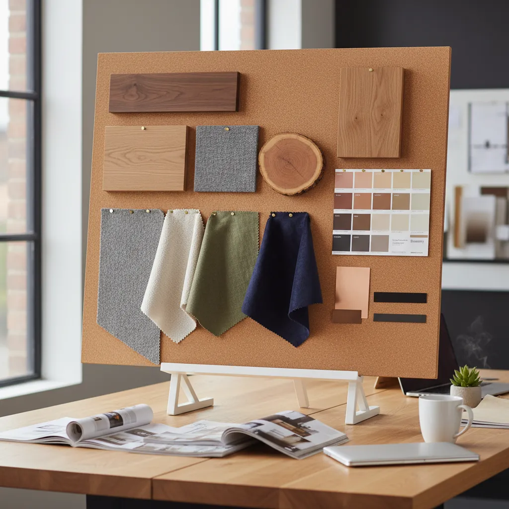 Mesa con muestras de madera, telas y colores para un proyecto de interiorismo