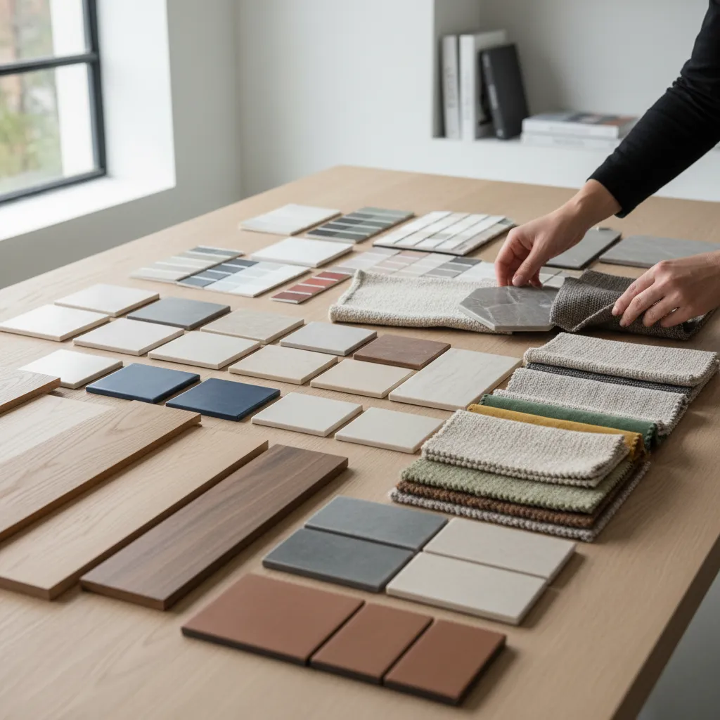 Hands arranging various material samples including tiles and fabric on a large light wood table