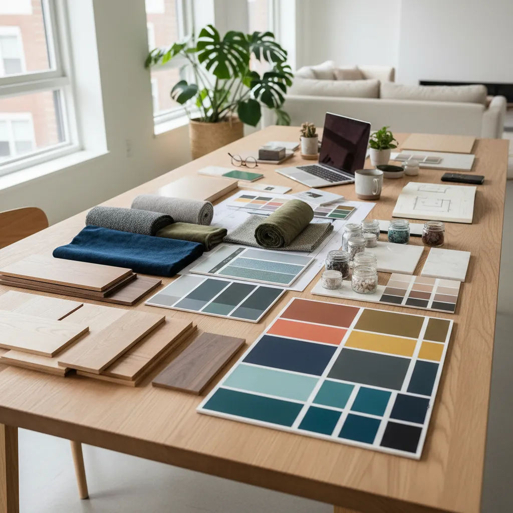 Wooden table with fabric samples color palettes wood panels and laptop for interior design planning