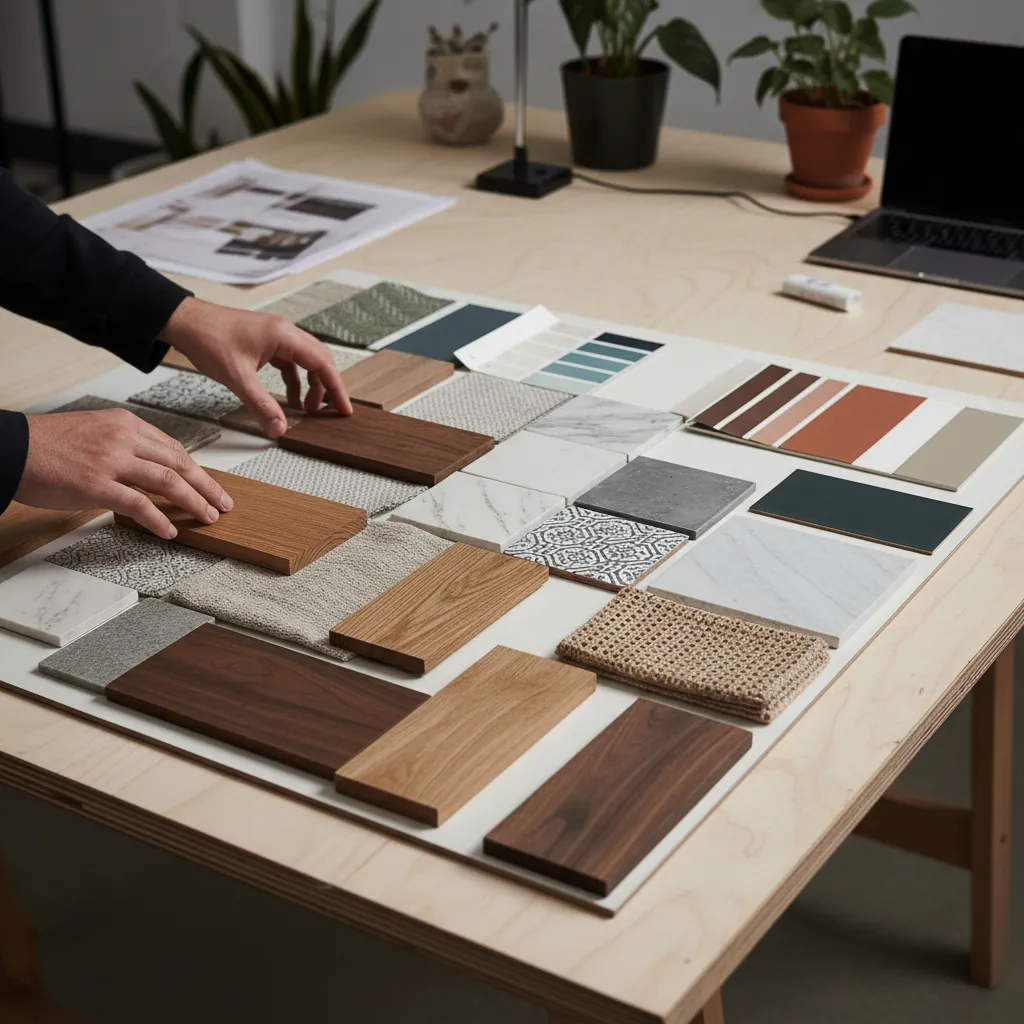 Mesa con muestras de materiales para diseño de interiores