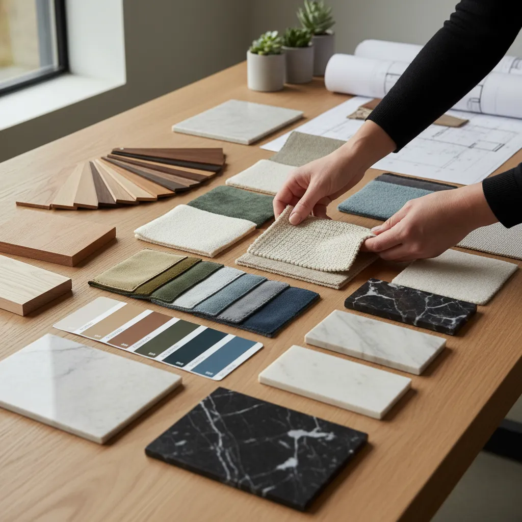 Hands selecting fabric samples from a desk with wood tiles marble pieces and color swatches