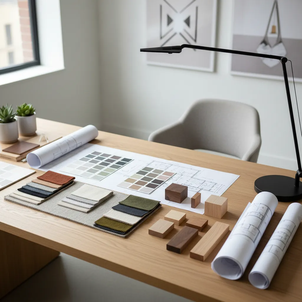Interior design materials including fabric samples, wood pieces, and floor plan drawings on wooden desk