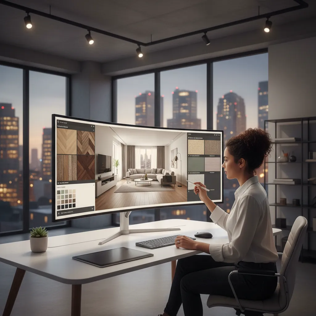 Woman selecting wood flooring and wall materials on large screen for a new room design