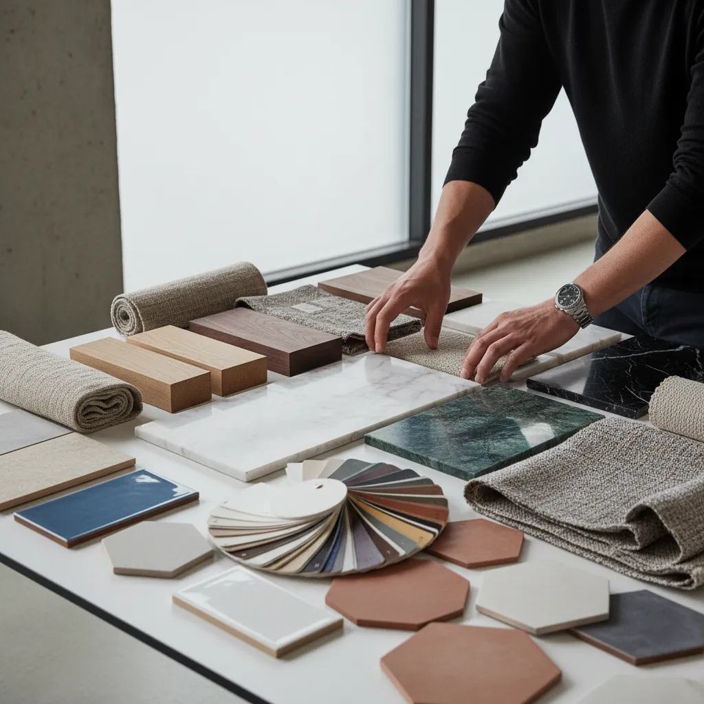 Hands arranging marble stone wood tiles and fabric samples on a white table for design
