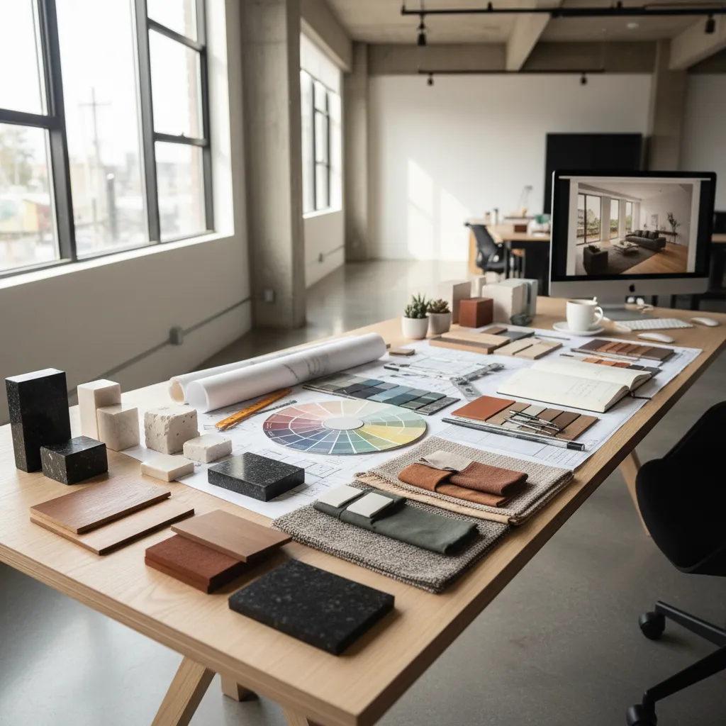 Interior design table with color wheel, material samples, wood pieces, stone blocks, and floor plans