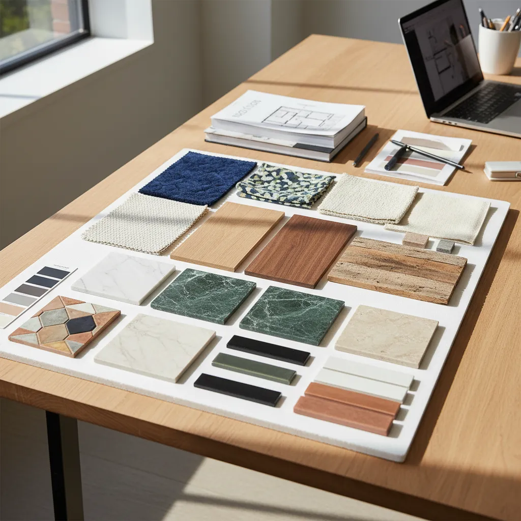 Mesa con muestras de materiales para un proyecto de interiorismo