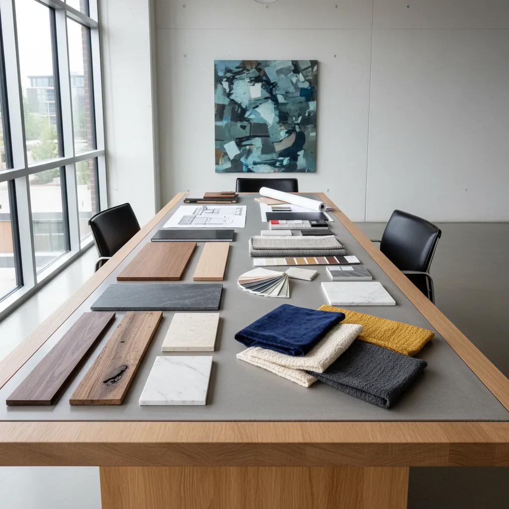 Mesa con muestras de materiales usados en diseño de interiores