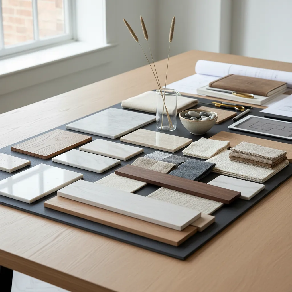 Material samples with wood marble and fabric pieces for interior design on a wooden desk