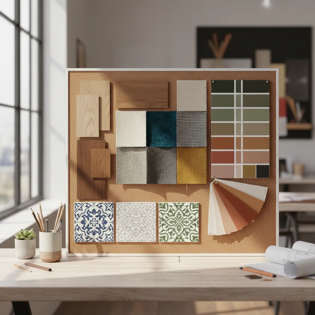 Mesa con muestras de materiales para diseño interior