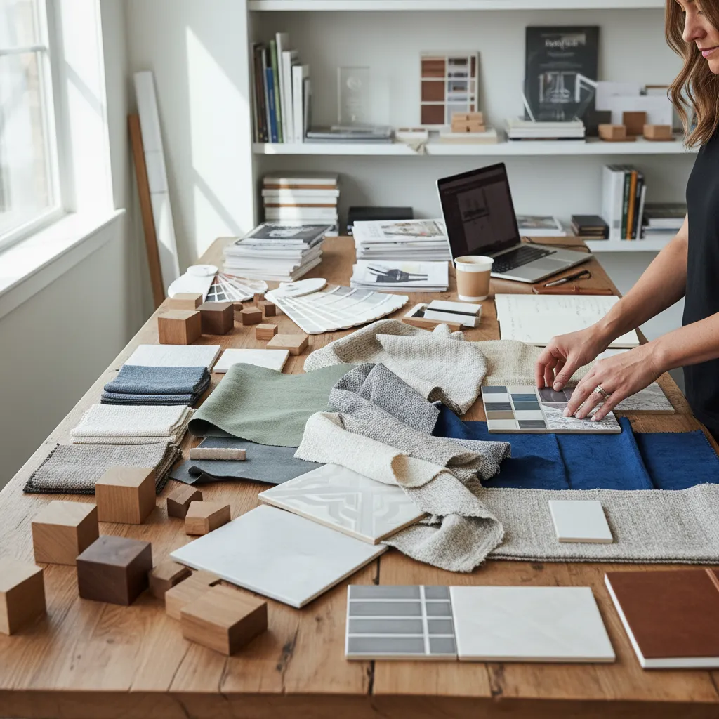 Mesa con muestras de materiales para proyecto de interiorismo