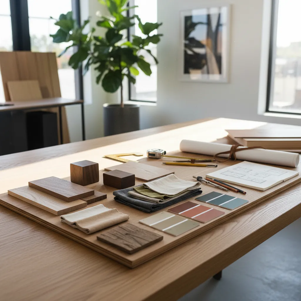 Mesa con muestras de materiales y paletas de color para un proyecto de interiorismo