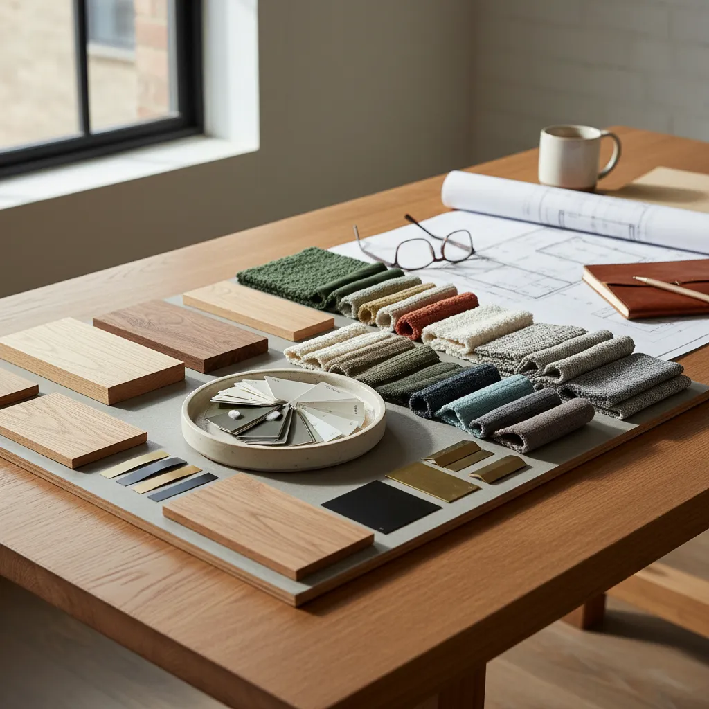 Wooden desk displaying fabric samples wood blocks and room layout drawings for interior design selection