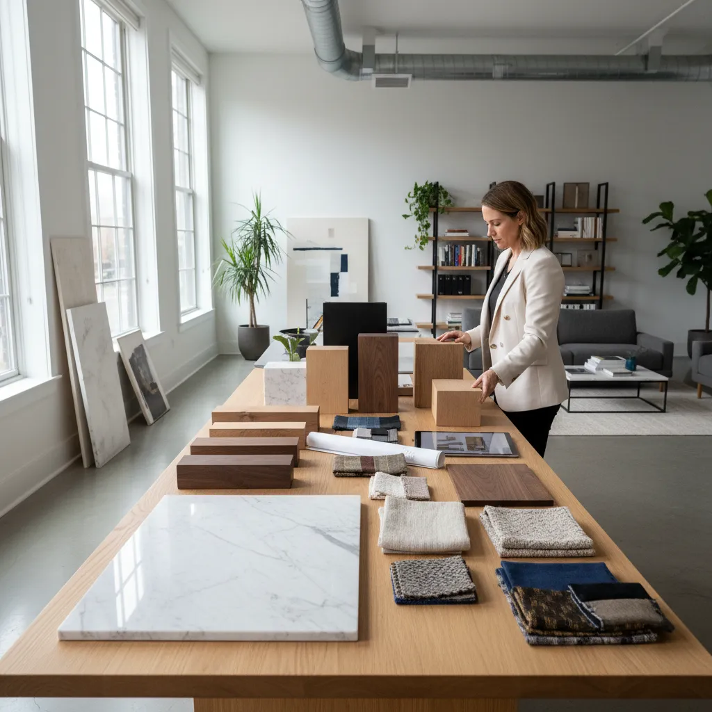 Interior designer selecting wood and marble material samples on a large wooden table in office