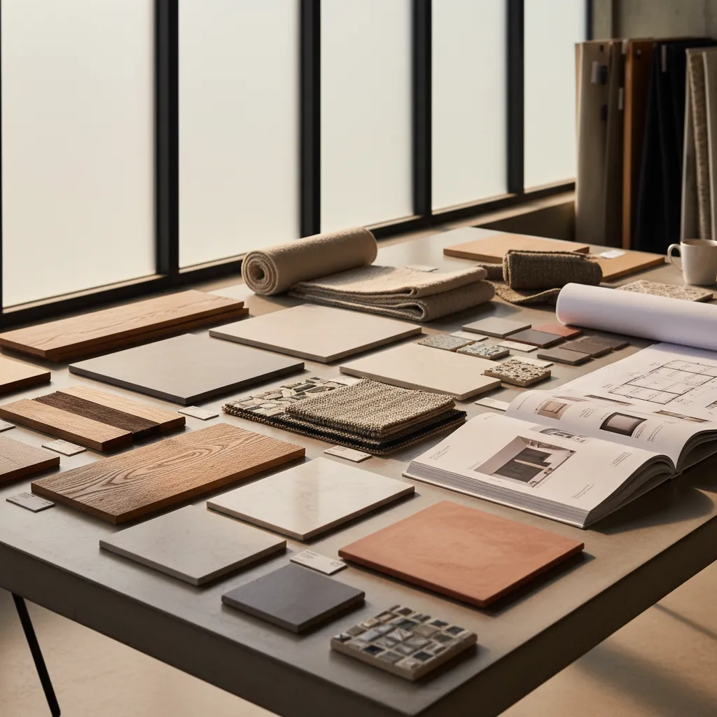Table with wood samples, floor tiles, fabric swatches, carpet rolls, and open interior design book