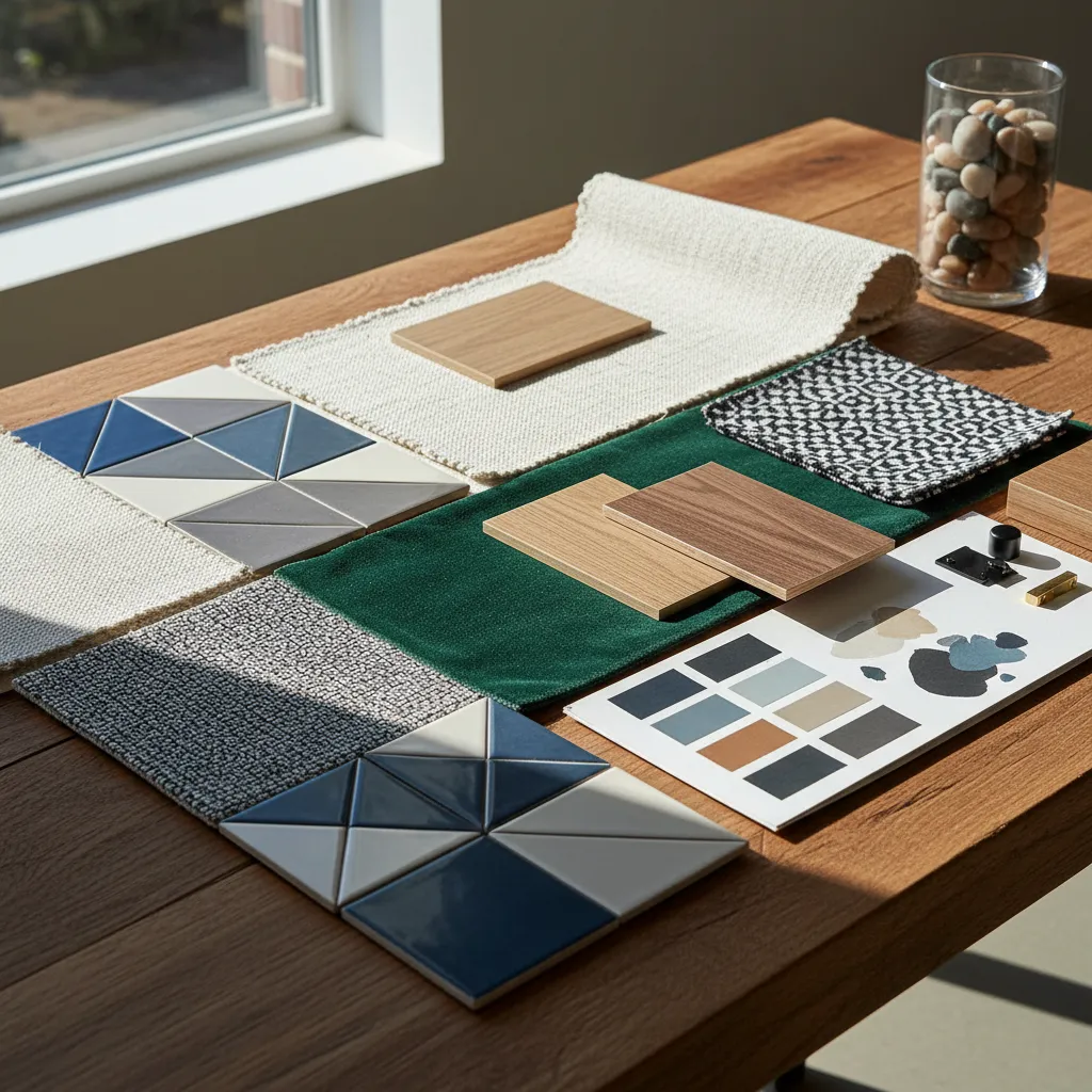 Mesa con muestras de materiales utilizados en diseño de interiores