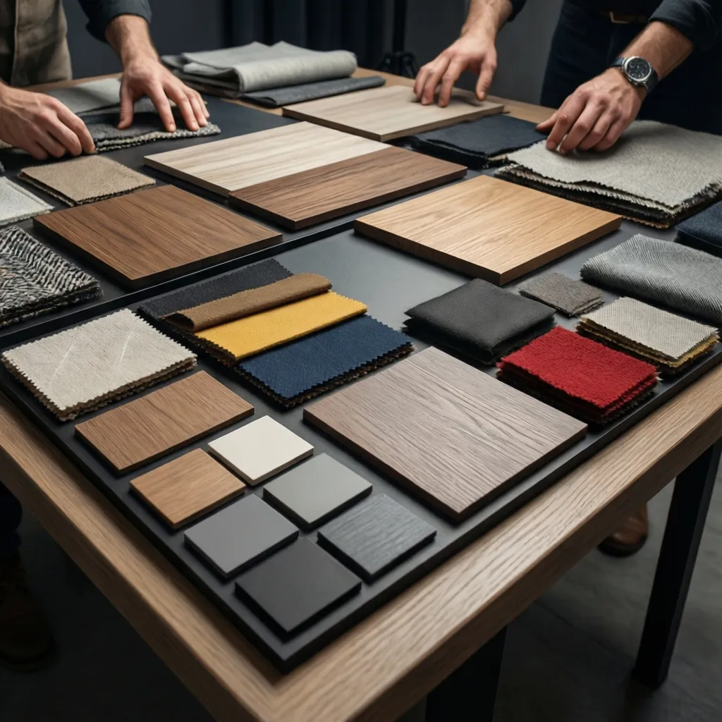 Designers choosing wood samples and colorful fabric swatches on a table for a home project