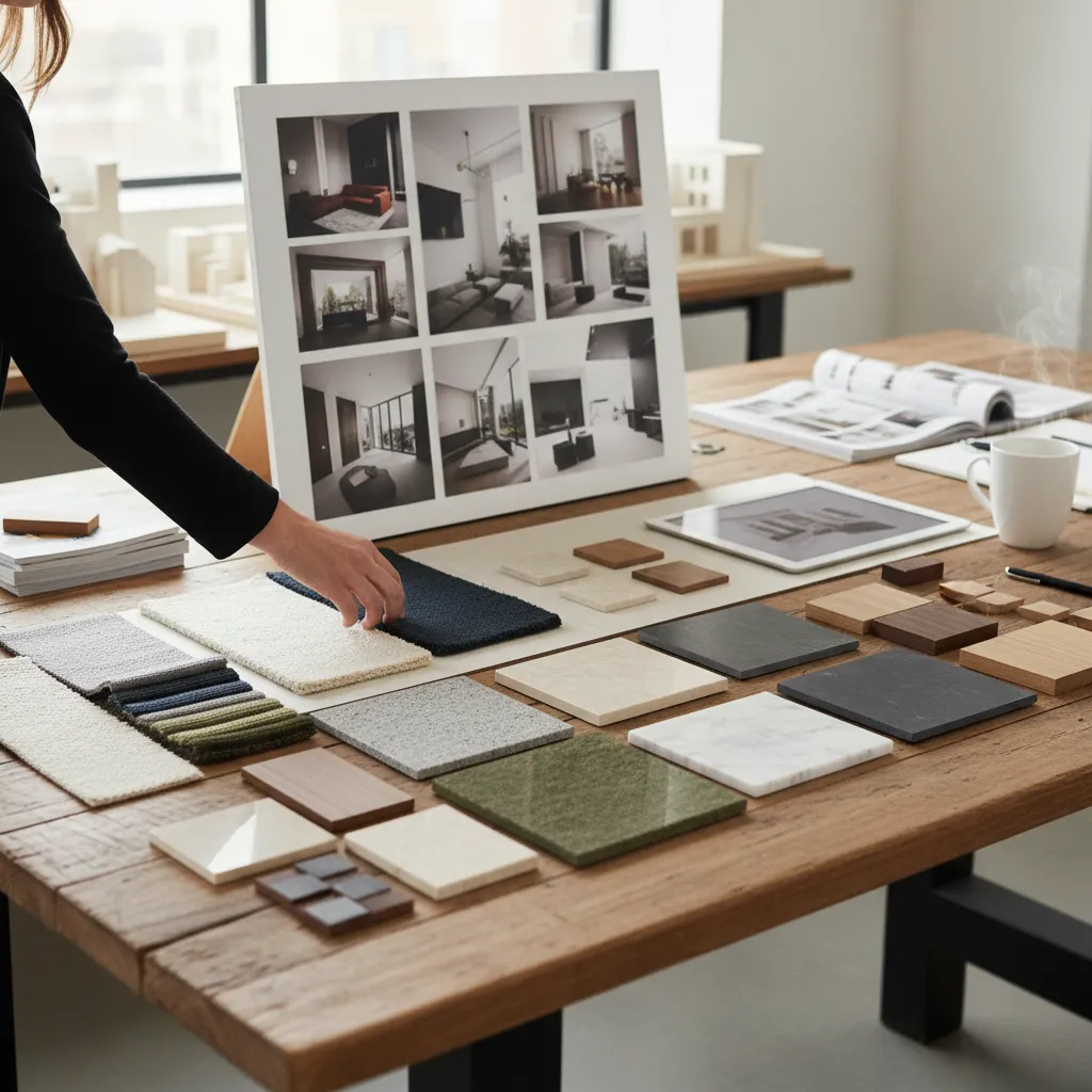 Interior designer selecting fabric and stone material samples on wooden table with mood board photos