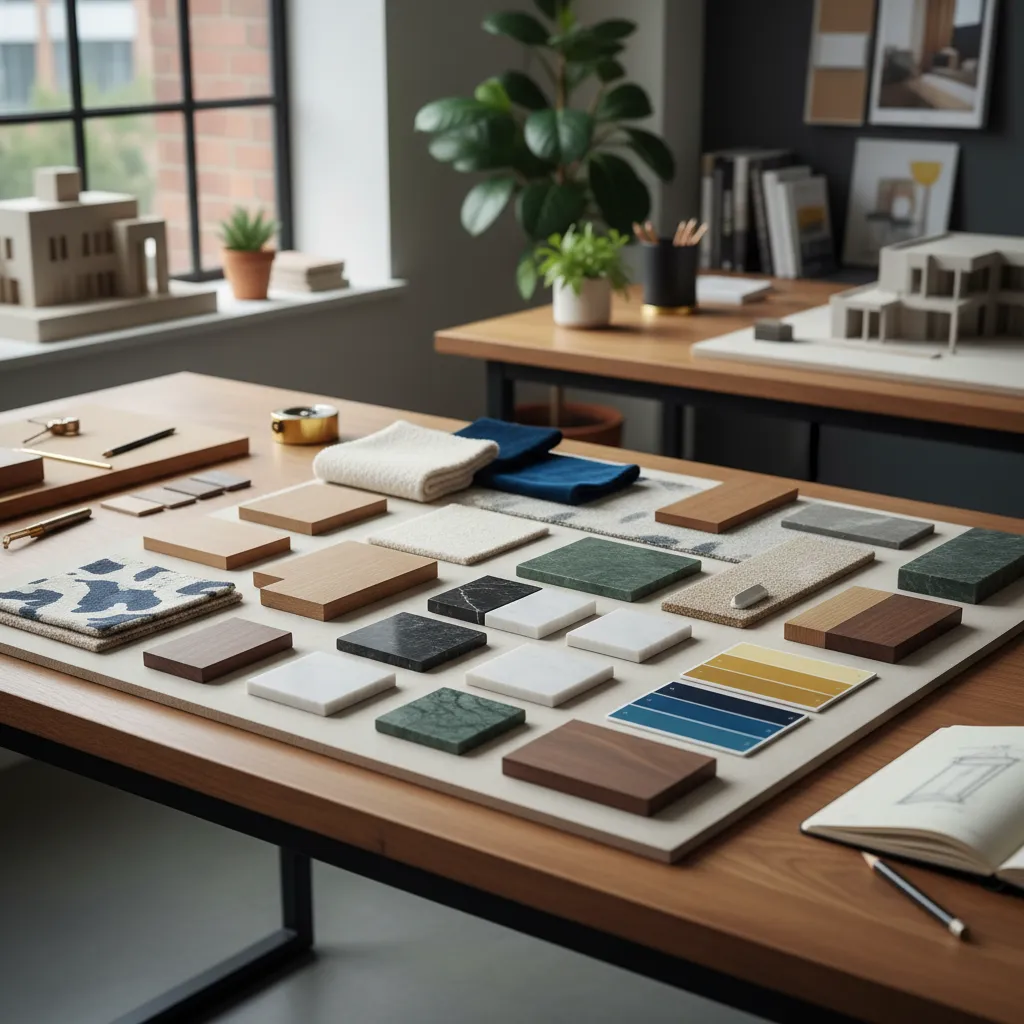 Various interior design material samples like wood, stone, fabric, and tiles displayed on wooden desk