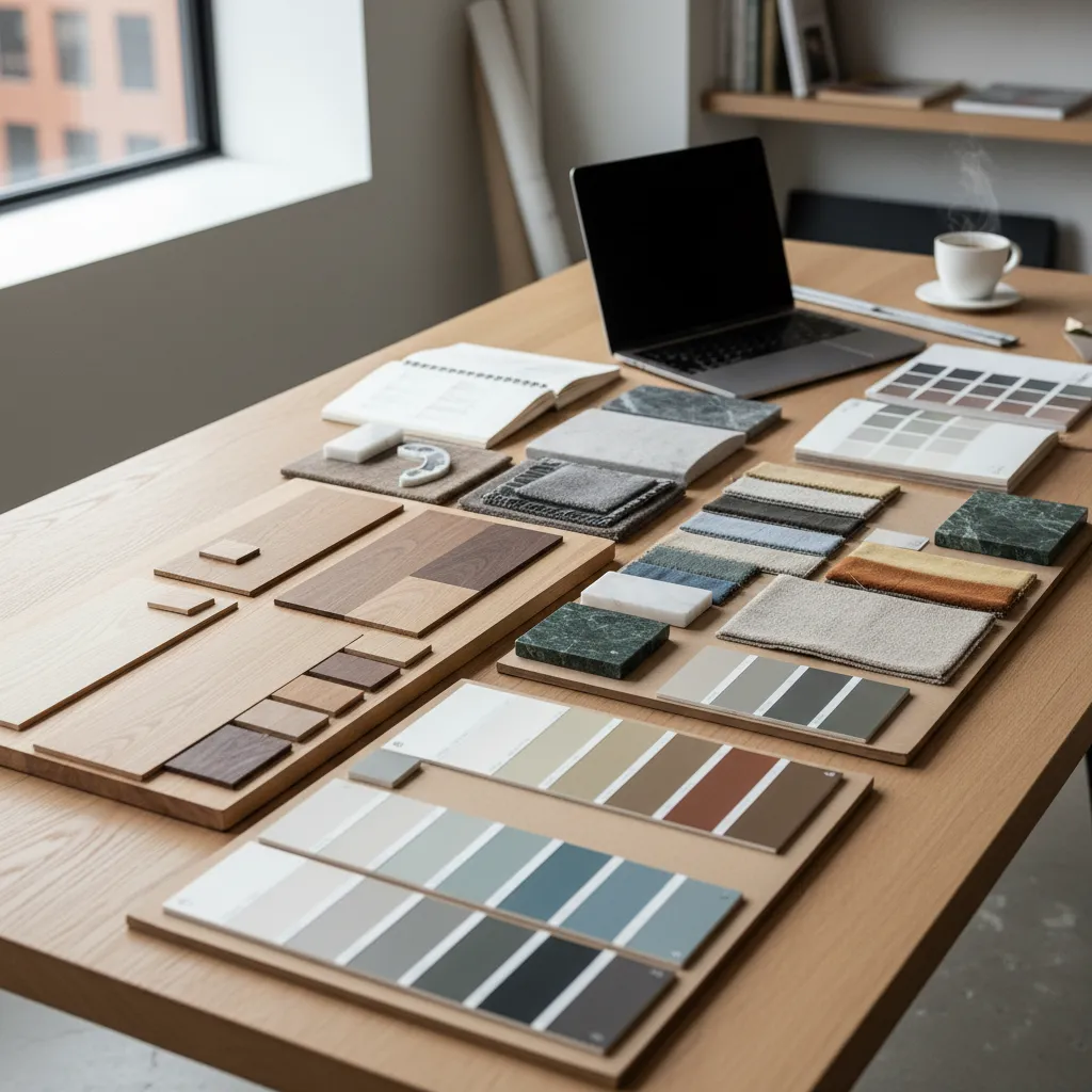 Mesa de trabajo con muestras de materiales de interiorismo