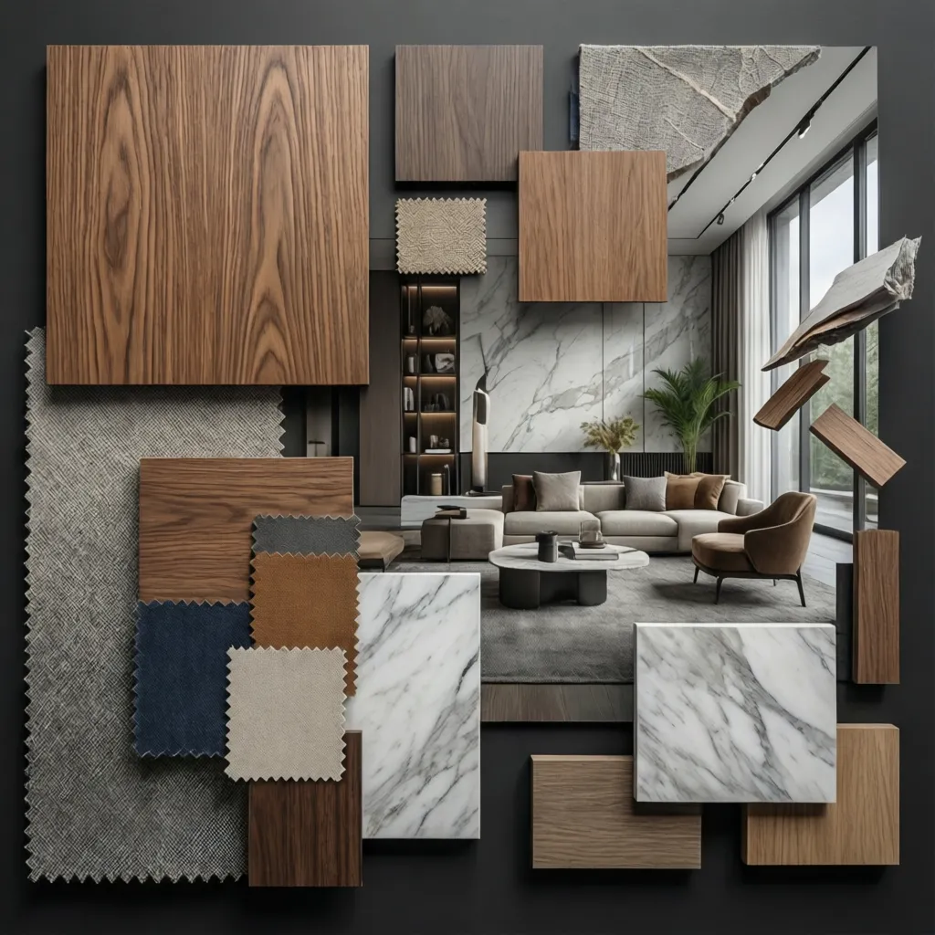 Interior designer reviewing wood, laminate and fabric materials