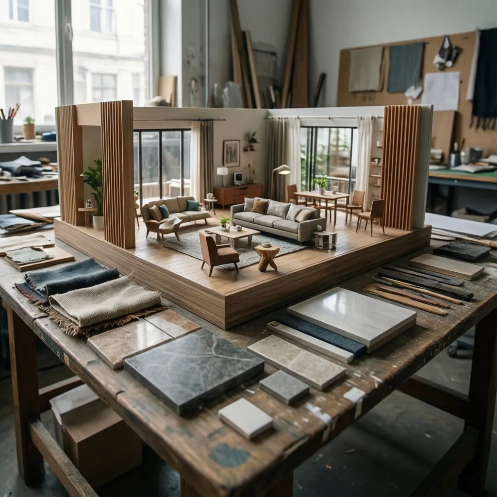 Physical 3D room model on table surrounded by various stone wood and fabric material samples