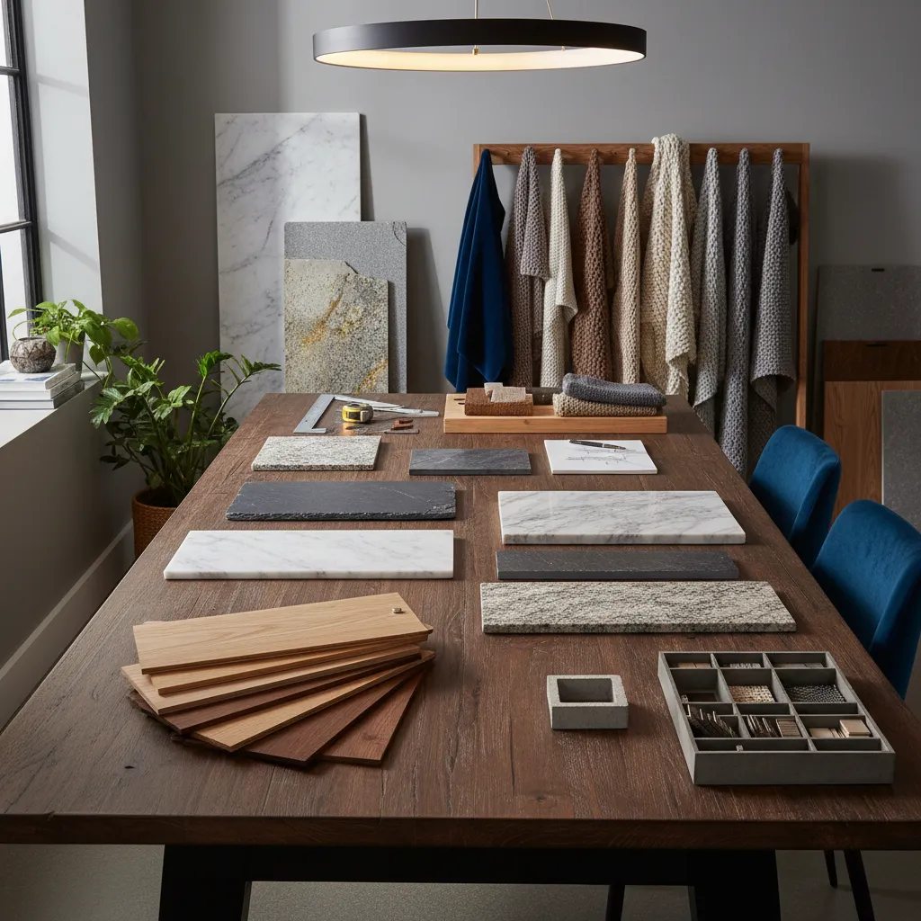 Detalle de materiales de interiorismo como madera, piedra y textiles