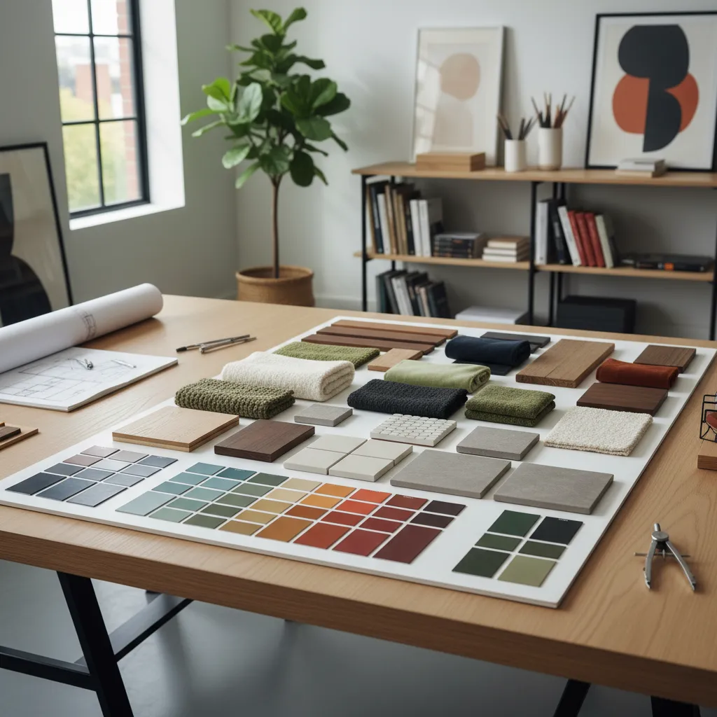 Mesa con muestras de materiales usados en proyectos de interiorismo