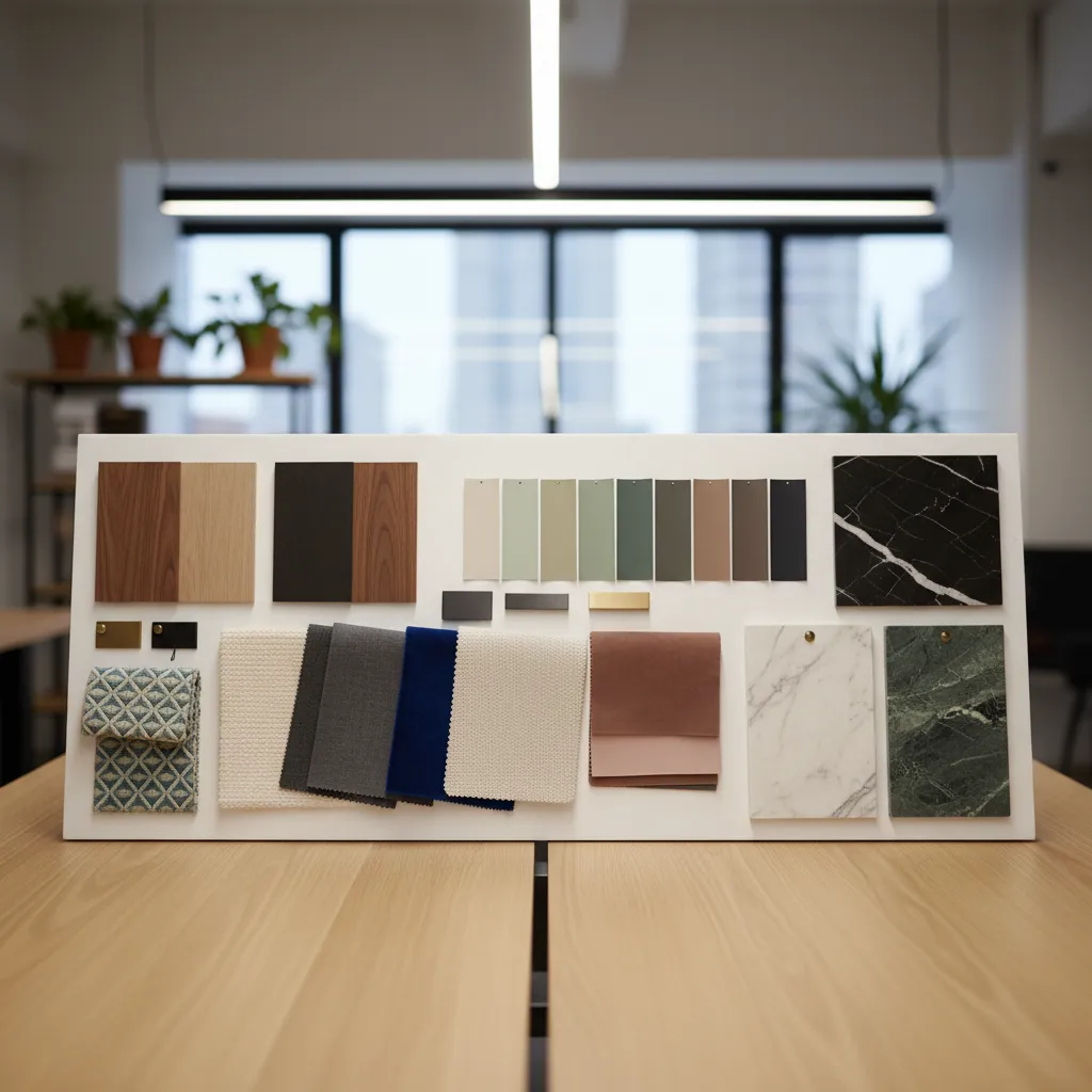 Interior design board featuring wood samples fabric pieces stone tiles and various colorful paint chips