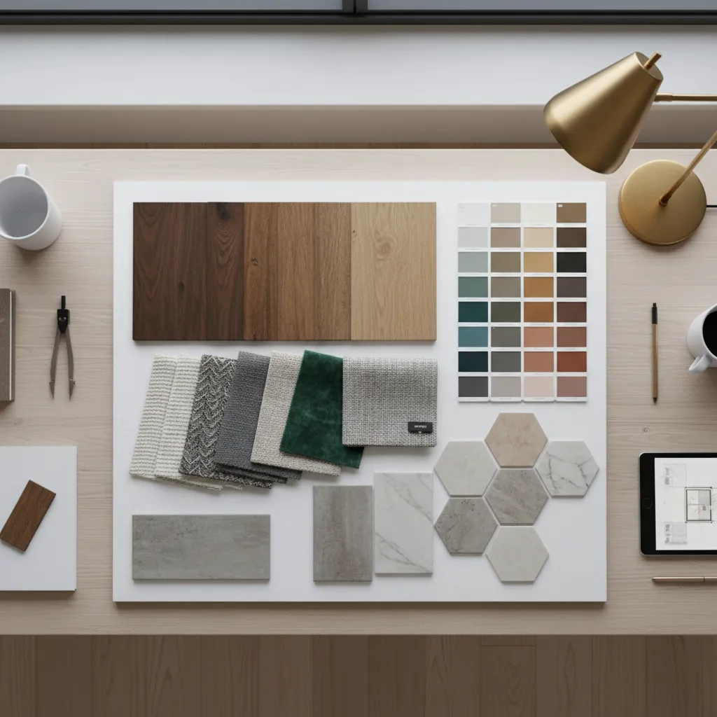Material board with wood samples fabric swatches color tiles and stone tiles on desk surface