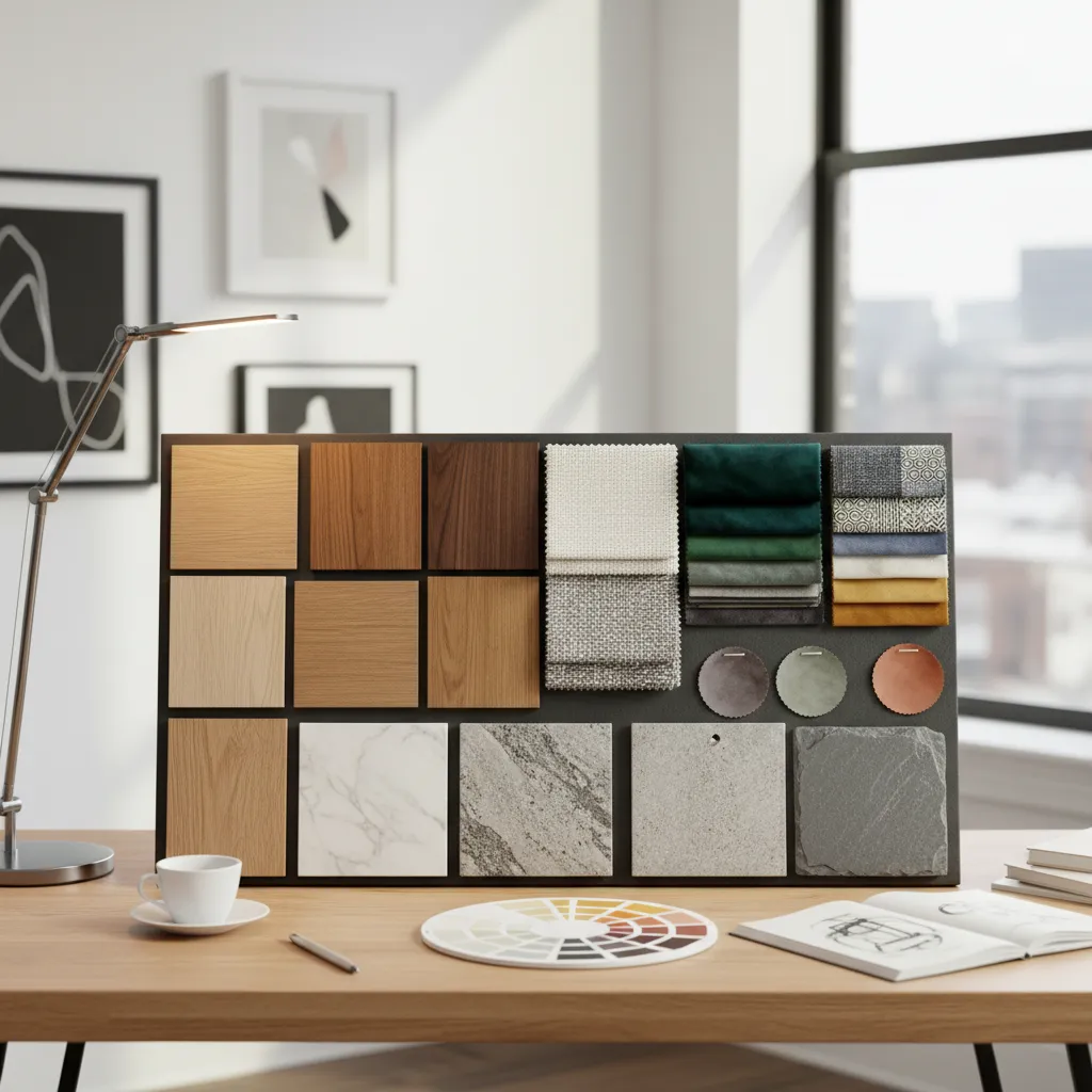 Mesa de trabajo con muestras de materiales de diseño interior