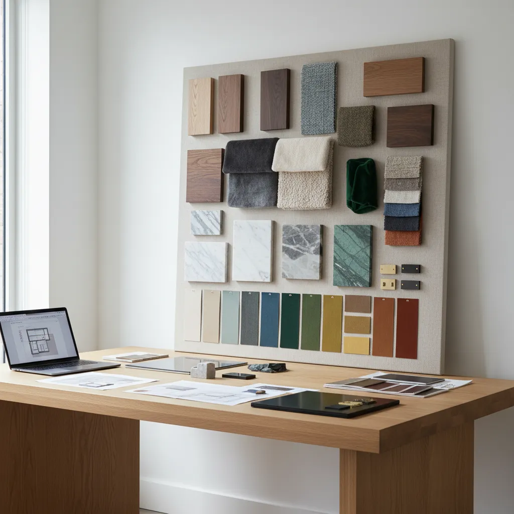 Interior design workspace with wood samples fabric swatches stone tiles and floor plan on laptop