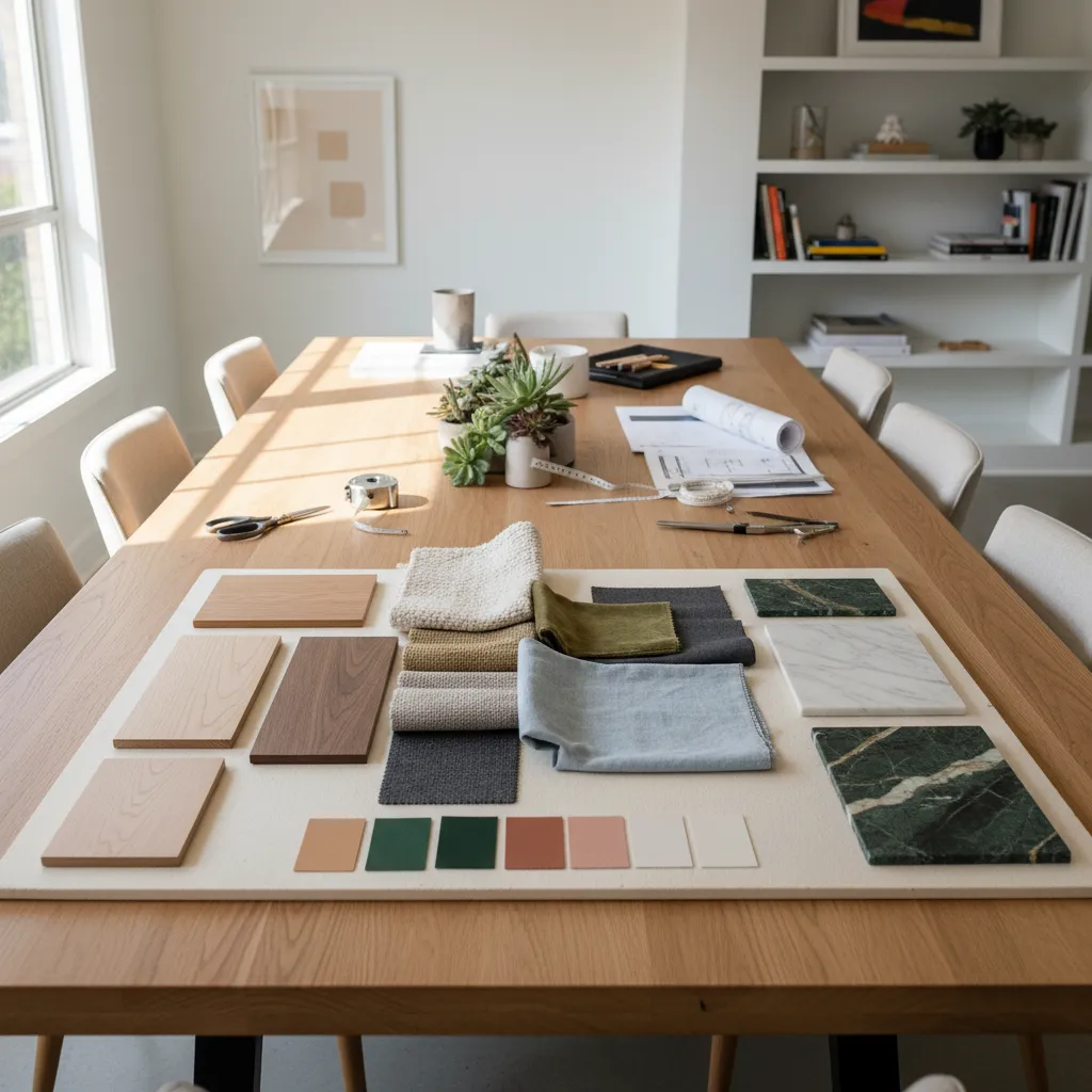 Interior design material board with wood samples fabric swatches marble tiles and colors on table